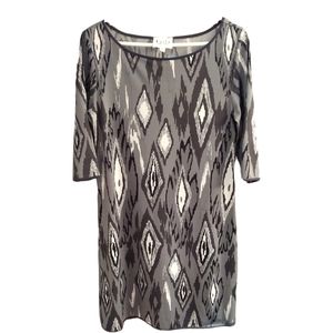 Leota New York "Ikat" Handmade 3/4 Sleeve Shift Dress, Size M, Gray/Black/White